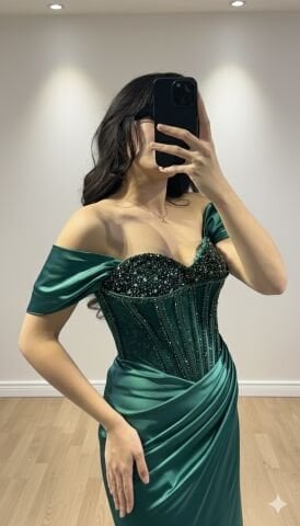 Saten Kolları düşük özel tasarım yırtmaçlı göğüs taş işlemeli    YEŞİL  ABİYE 44